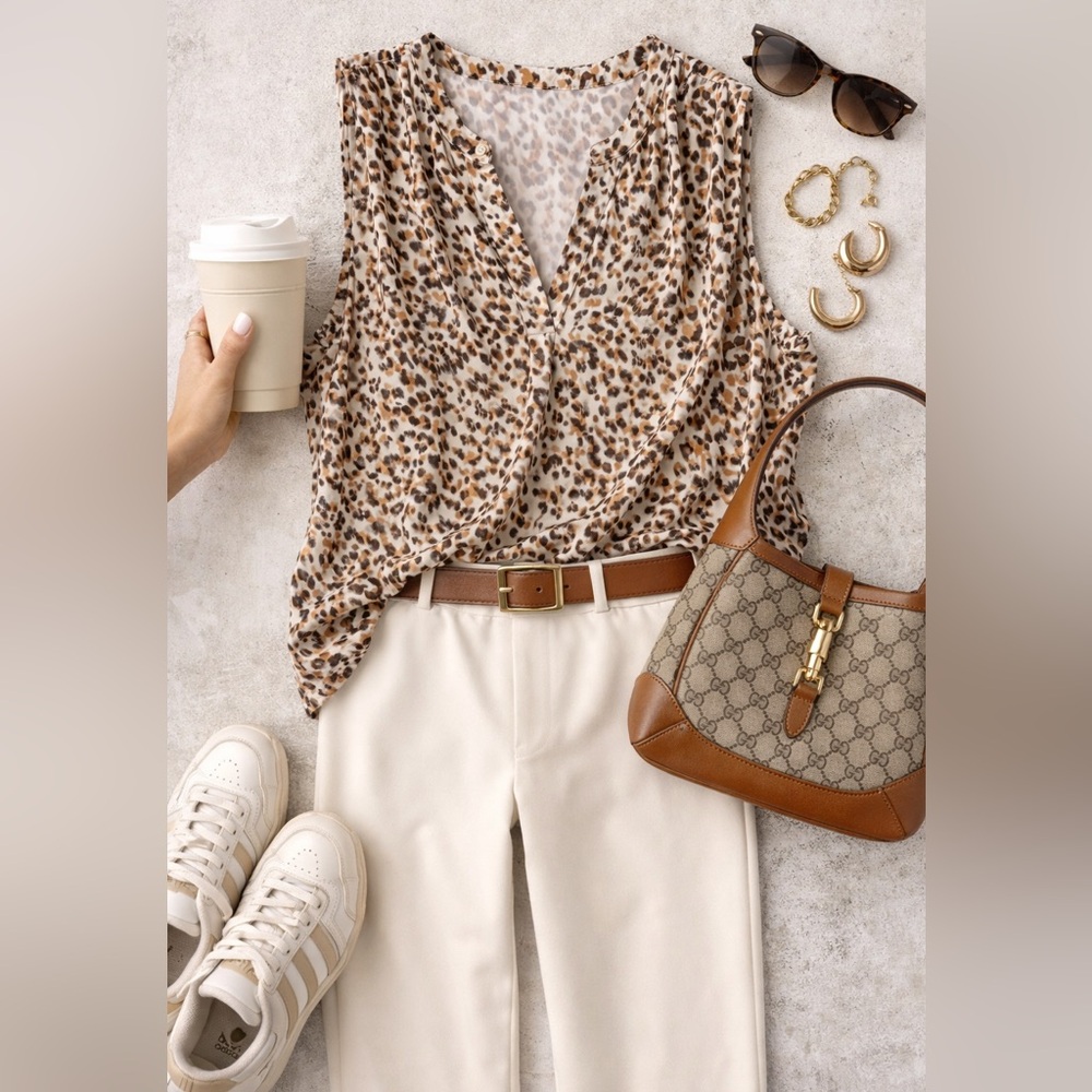 Calvin Klein Beige and Brown Leopard Print Sleeveless Blouse